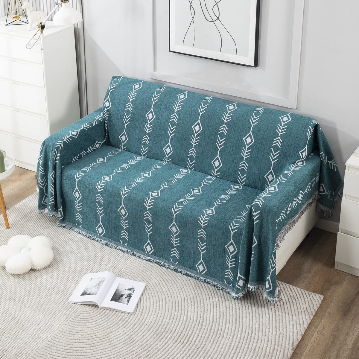 Thick, Soft and Pet Friendly Chenille Sofa Cover Throw, Teal Aztec