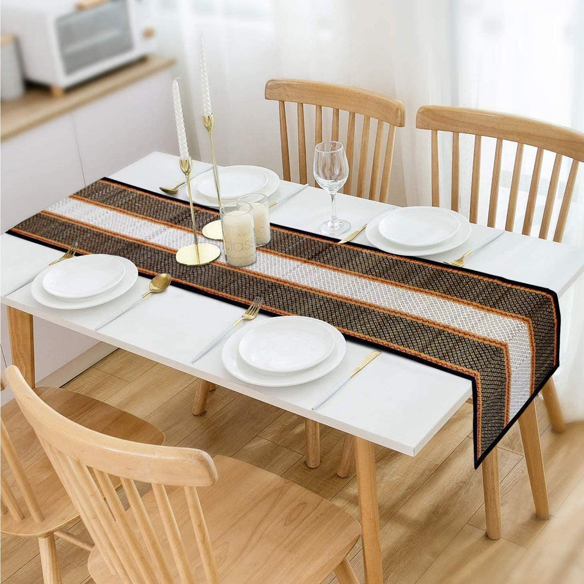 Buy Black Colour natural handmade Madurkathi table runner for 4 seater tables | HOKIPO