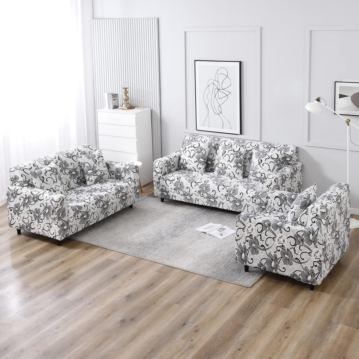 White Grey Flowers Polyestar elastic sofa cover sets for 1,2,3,4,5 & 7 seater sofas