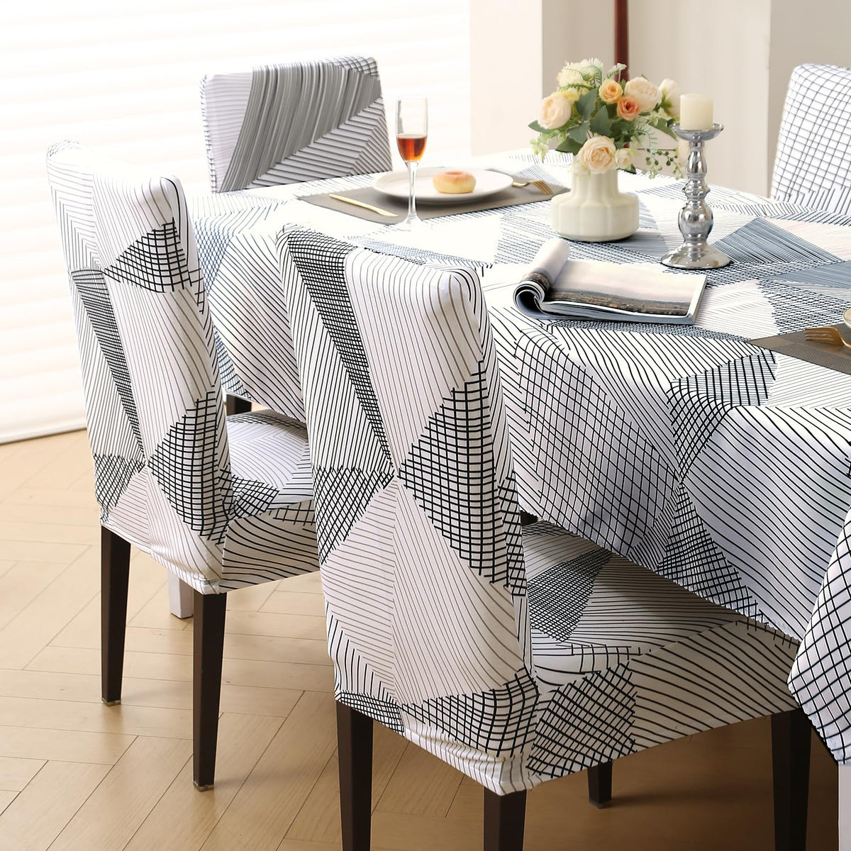 Elastic Dining Chair Covers with Matching Tablecloth, Snow White Black Geometry