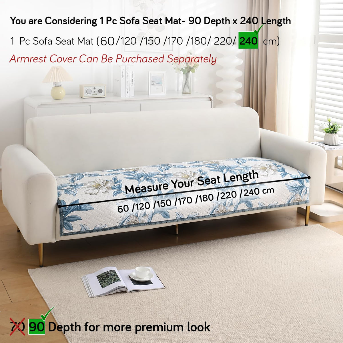'Homehues' Printed Quilted Sofa Cover Mats, Celadon Blue Camellia