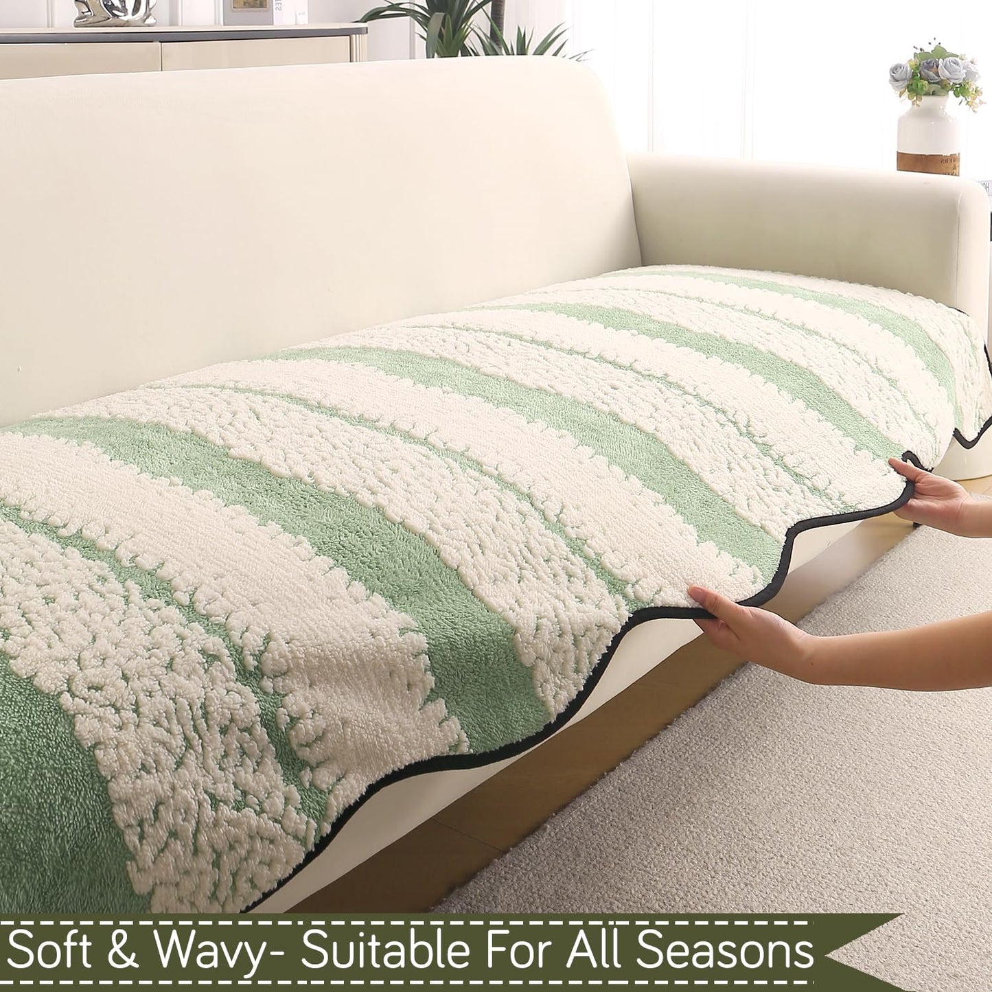 Luxury Wavy Mat with Anti Slip Backing  L Shape Sofa Cover Seat Mat - Pistachio Green