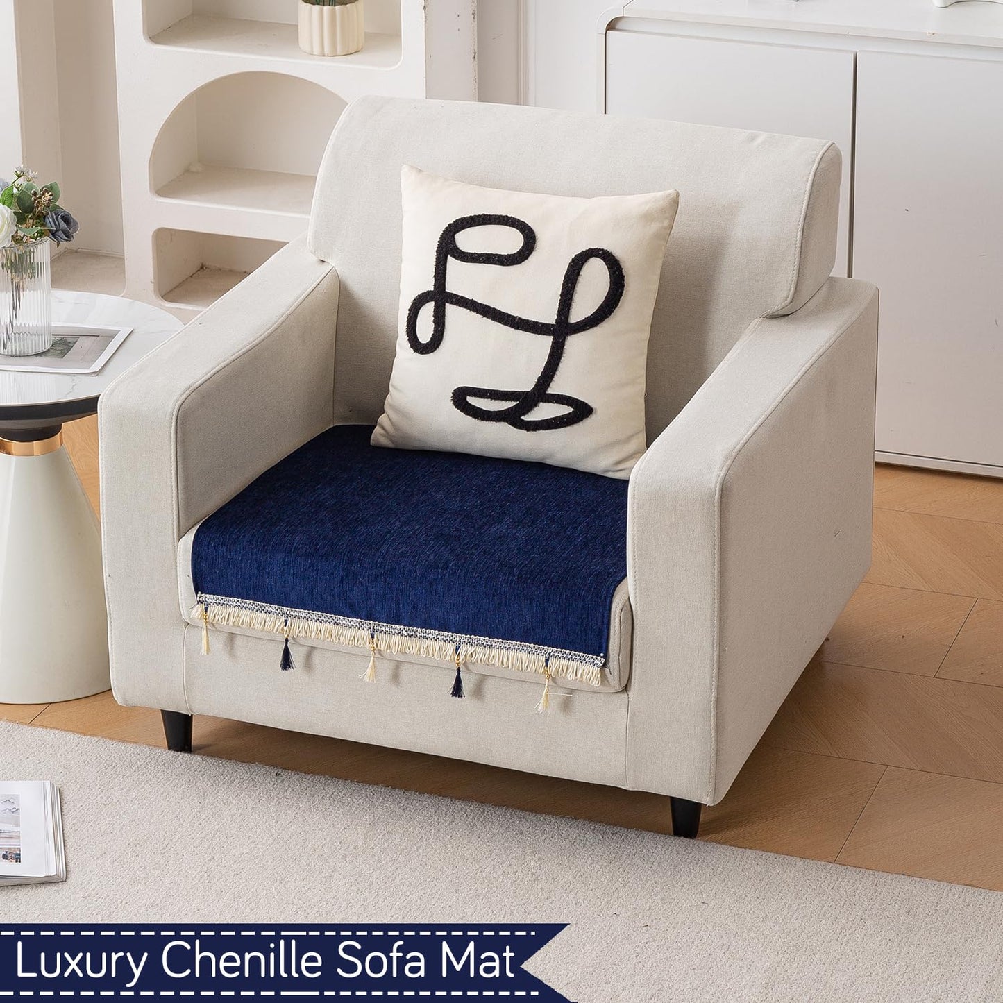 Serenity Tassel Chenille Sofa Cover with Tassel – Sapphire Navy