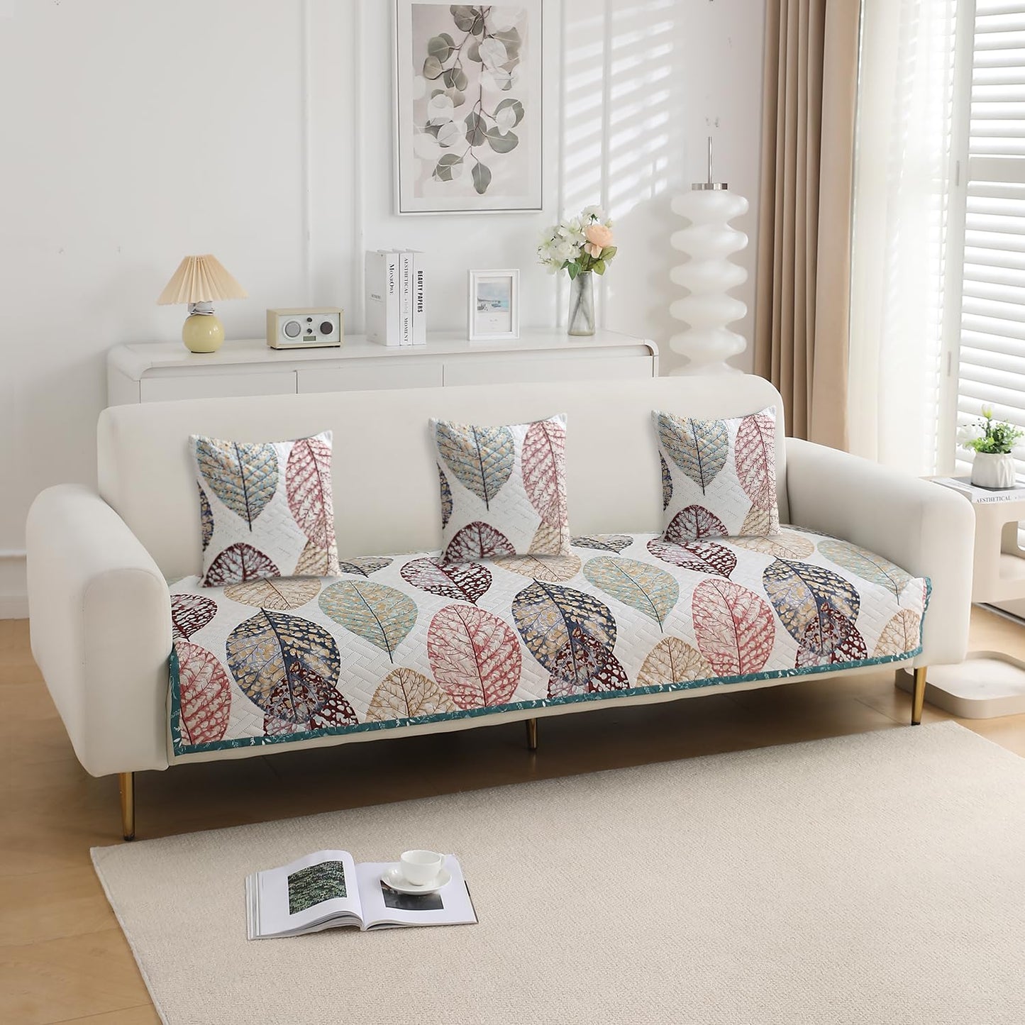 HOKIPO Printed Quilted Sofa Cushion Cover Pack of 2, Multicolor Linden Leaf