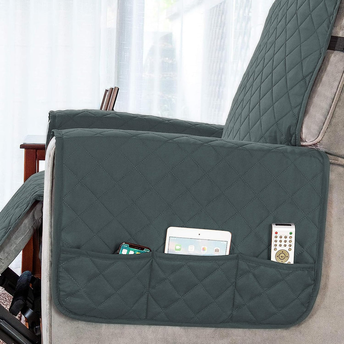Quilted Recliner Chair Cover With Side Pockets for 1 Seater Sofa, Dark Grey