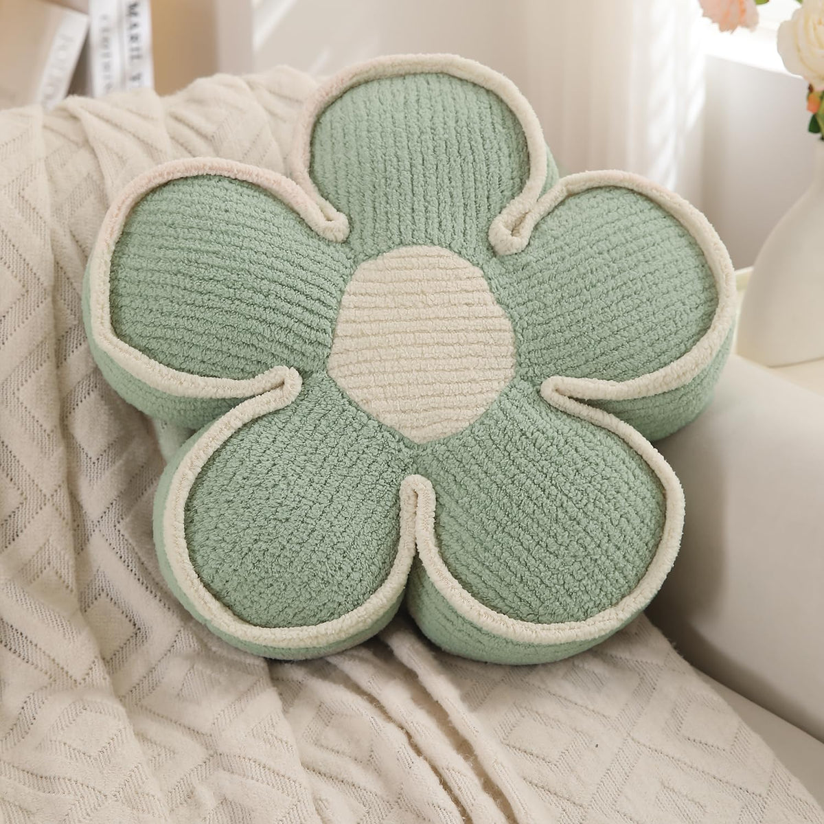 HOKIPO Plush Cotton Flower Cushion | Decorative Throw Pillow for Bed & Sofa - Sage Green