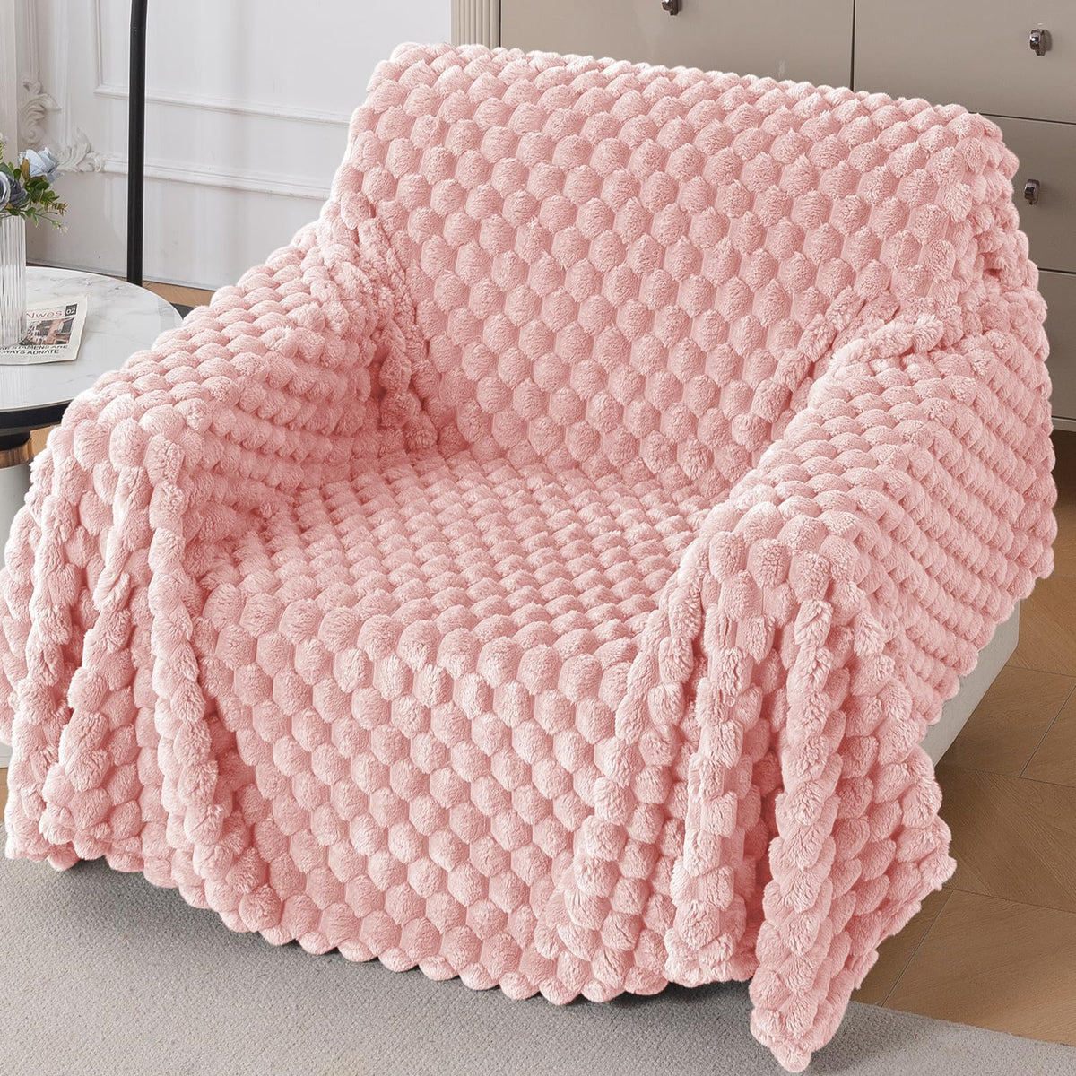 Luxury Rabbit Wool Plush Sofa Throw, Flamingo Pink
