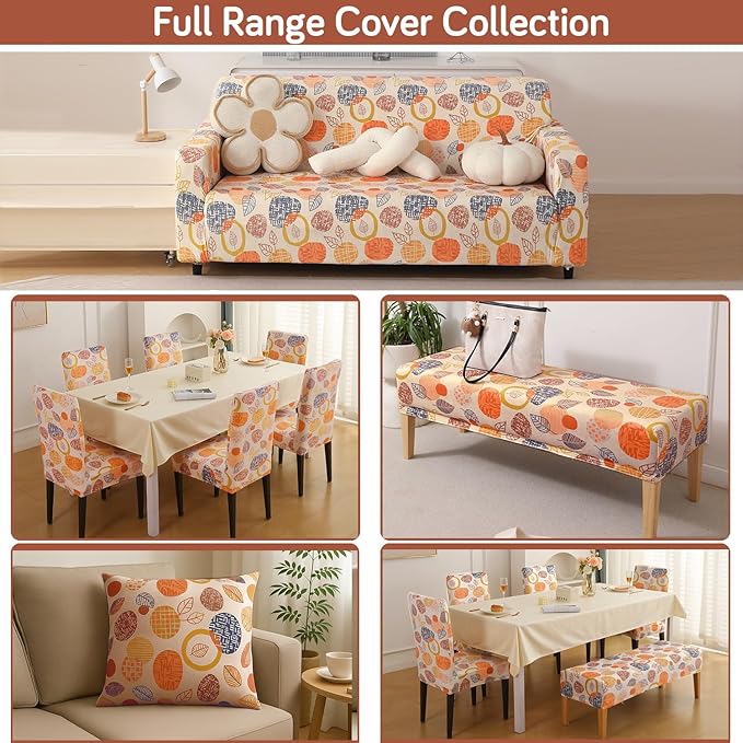 Premium Printed Velvet Dining Chair Cover Set, Coral Autumn Leaves
