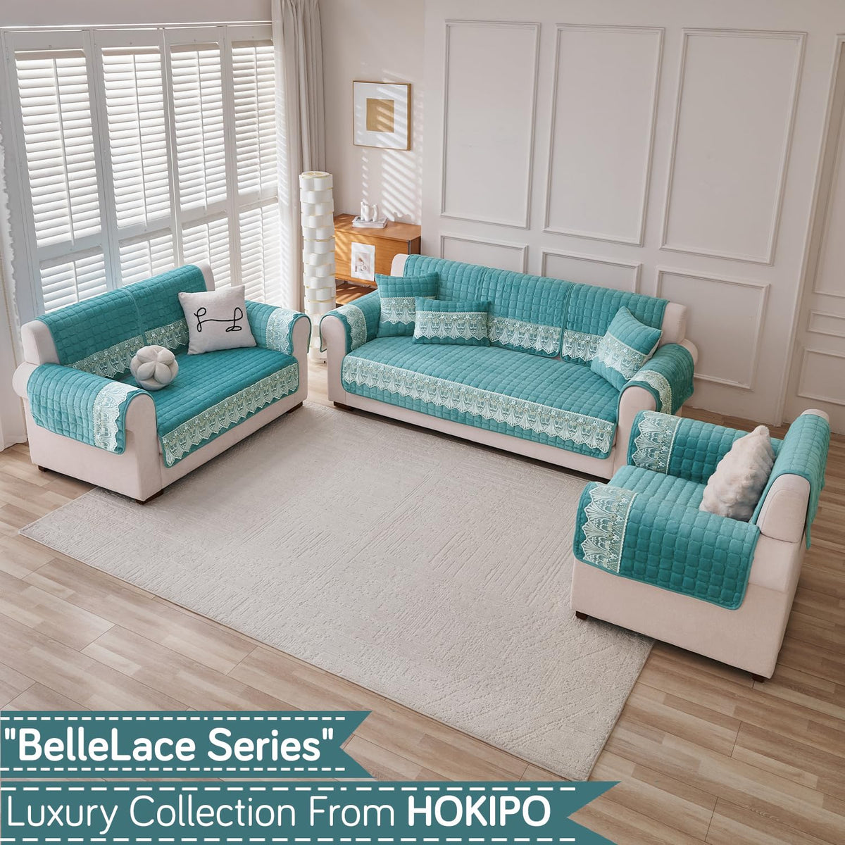 BelleLace Series Imperial Milk Velvet Sofa Cover Mat with Lace Design - Teal