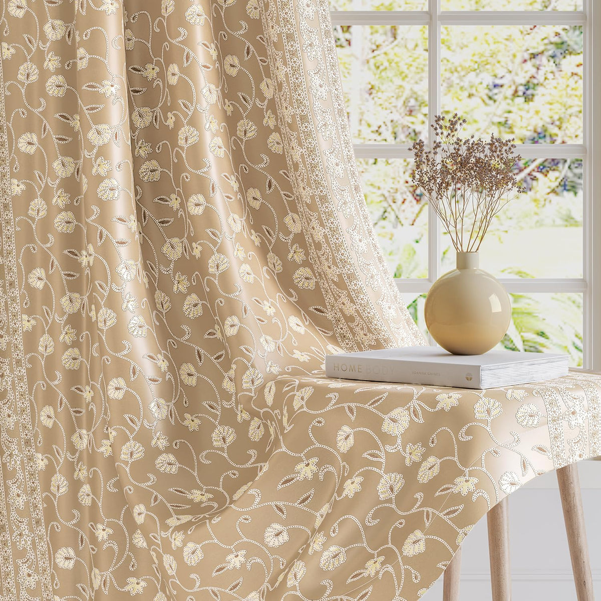 HOKIPO Shahi Bagh Eyelet Curtains, 7 Feet Long - Sand Beige