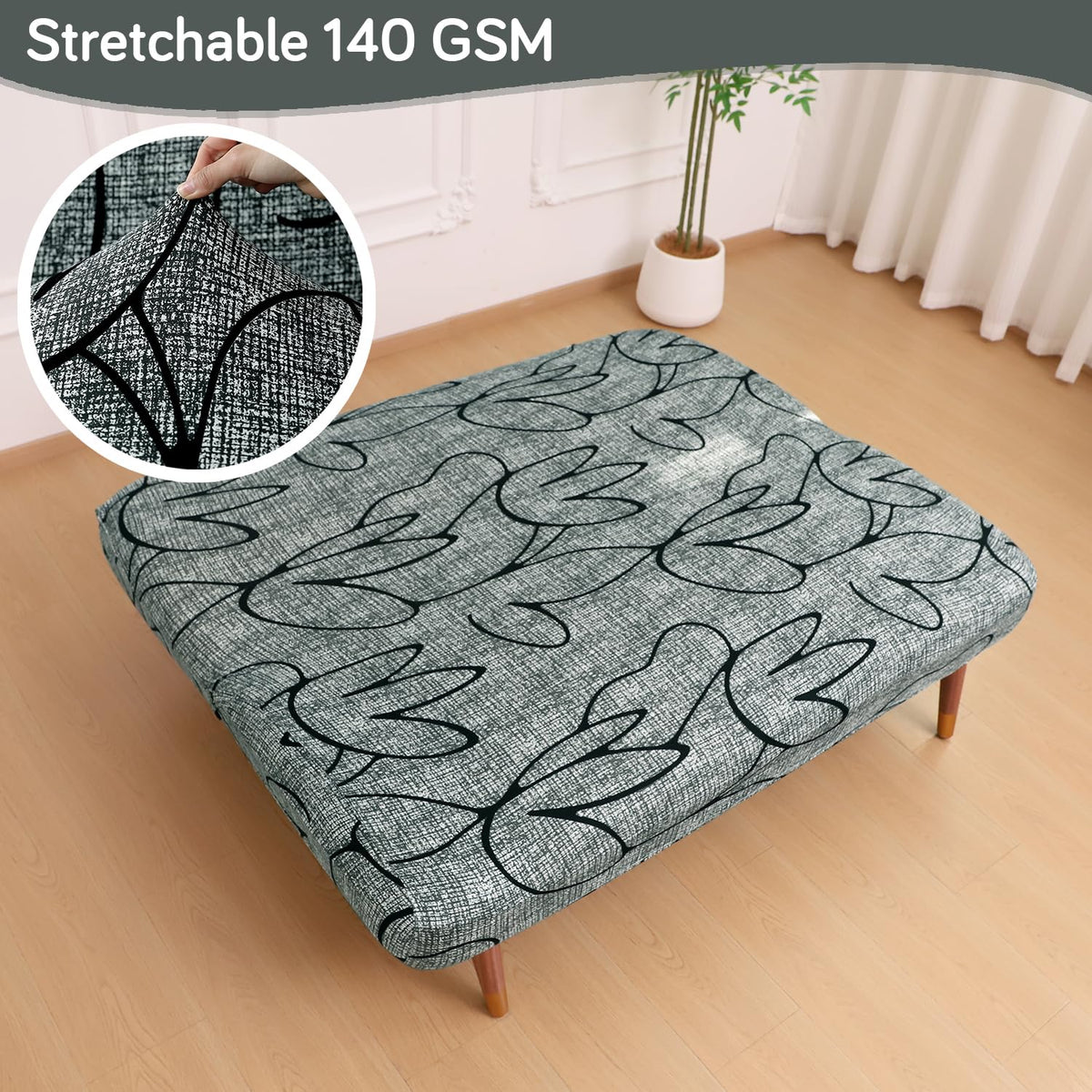 Buy Intense Grey Abstract Floral Printed 140 GSM Stretchable Sofa Cum Bed Cover for Futon - HOKIPO