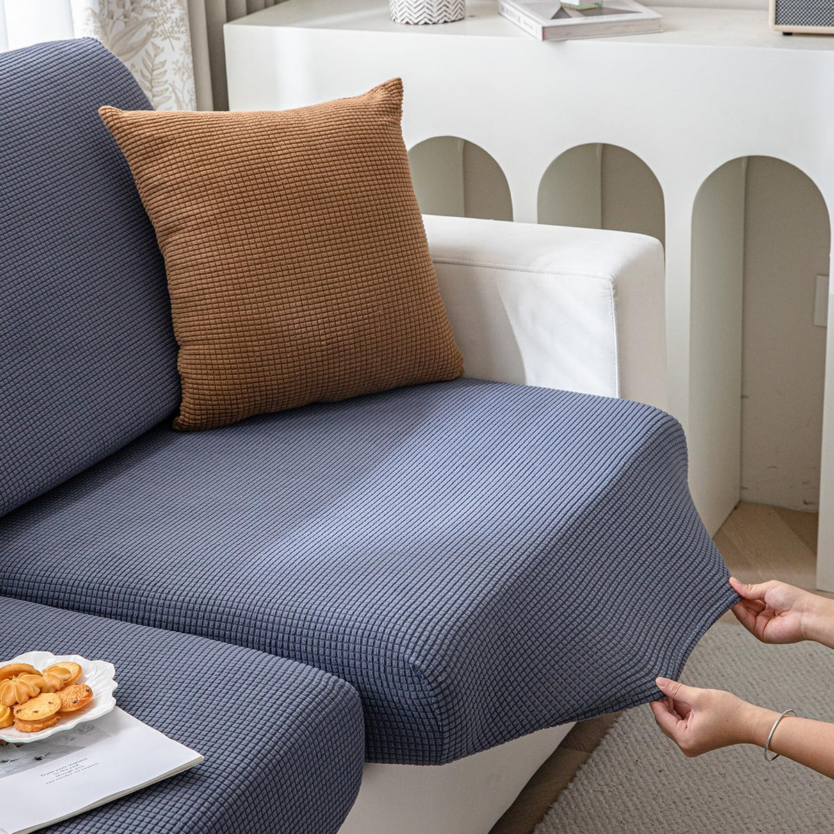 Stretchable Thick Jacquard Textured Seat Cushion Cover for 1/2/3 Seaters / Pieces for Sofa, Dark Grey