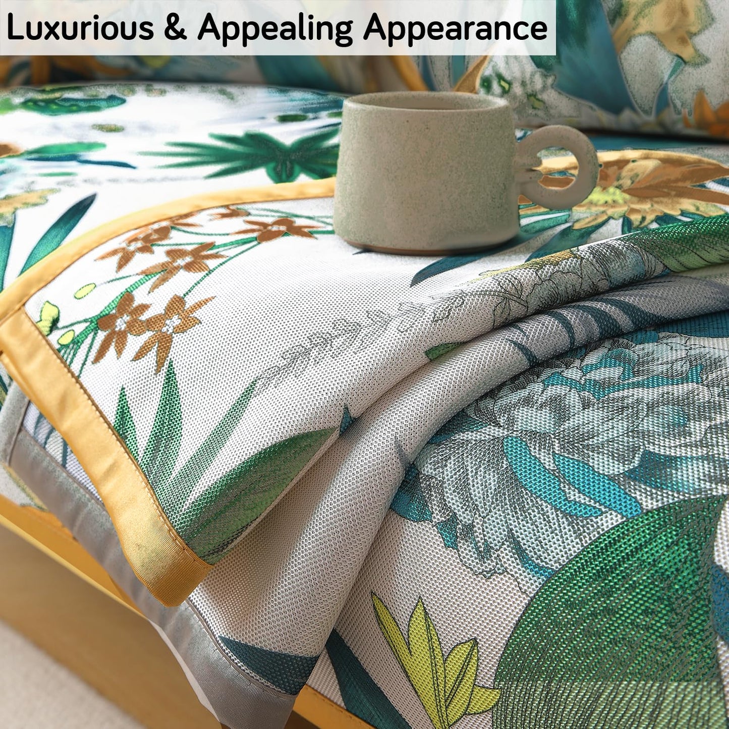 Premium Anti Slip Ice Silk Sofa Seat Mat for 1/2/3 Seater, Pine Green Floral