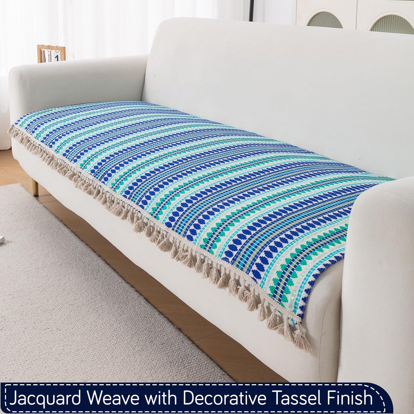 Artisan Boho 5-Seater Sofa Seat Mat with Tassels (3+1+1), Royal Blue