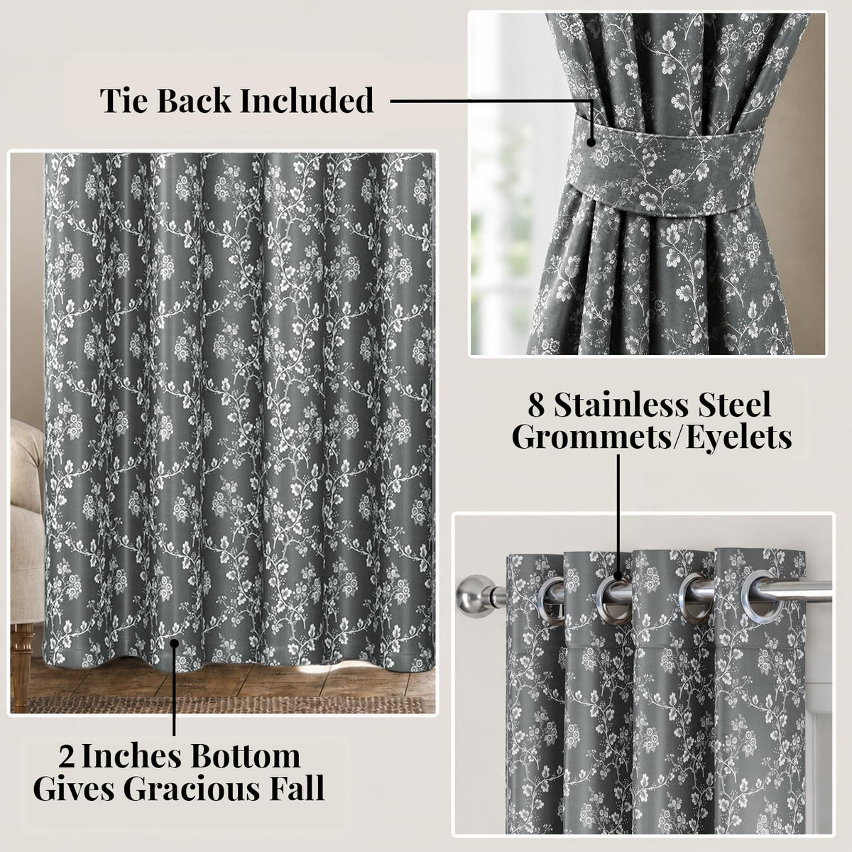 HOKIPO Bahaar Eyelet Curtains, 7 Feet Long - Charcoal Grey - image 4