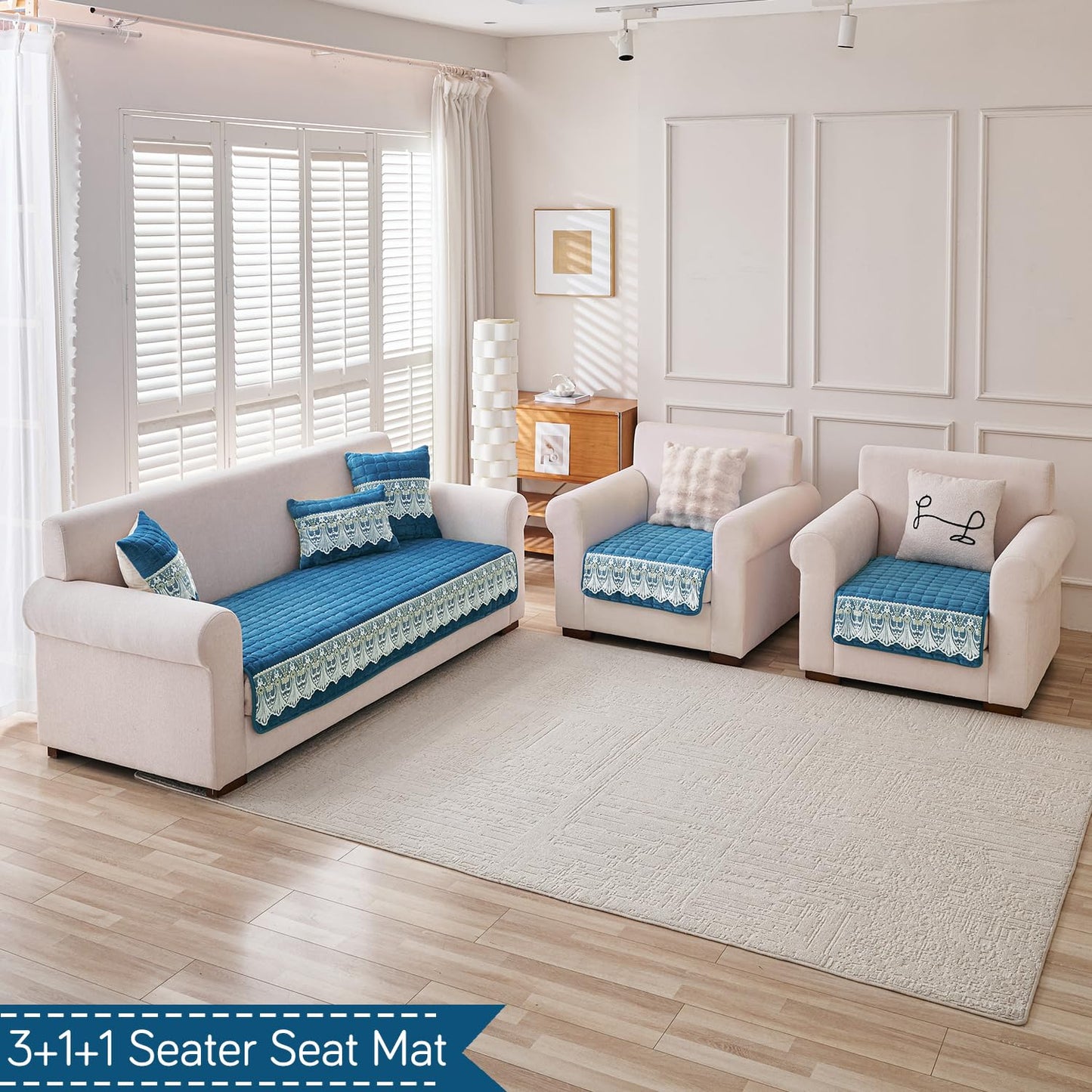 BelleLace Series Imperial Milk Velvet Sofa Cover Mat with Lace Design - Celdaon Blue