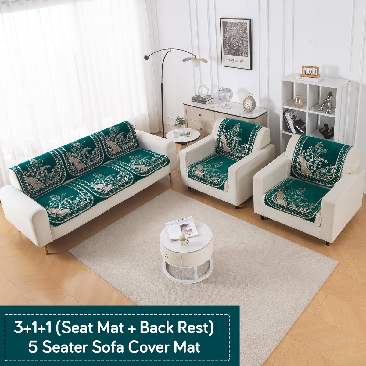 Royal Aangan Premium Chenille Jacquard Sofa Cover 5 Seater Set 3+1+1 Sofa Cover for Seat & Back, Mehfil Teal