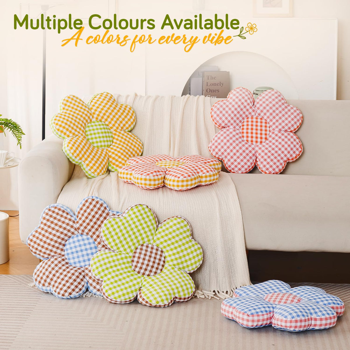 HOKIPO Checkered Daisy Flower Cushion for Sofa & Bed, 49 cm, Yellow