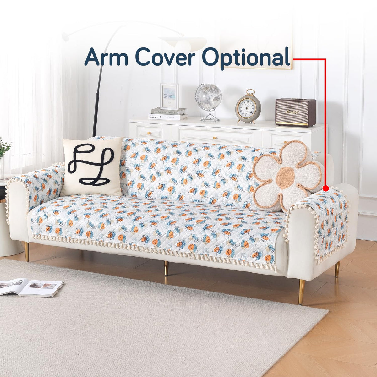 Quilted Sofa Cover 5-Seater Sofa Cover (3+1+1), Tassel Twigs | Abstract Petals