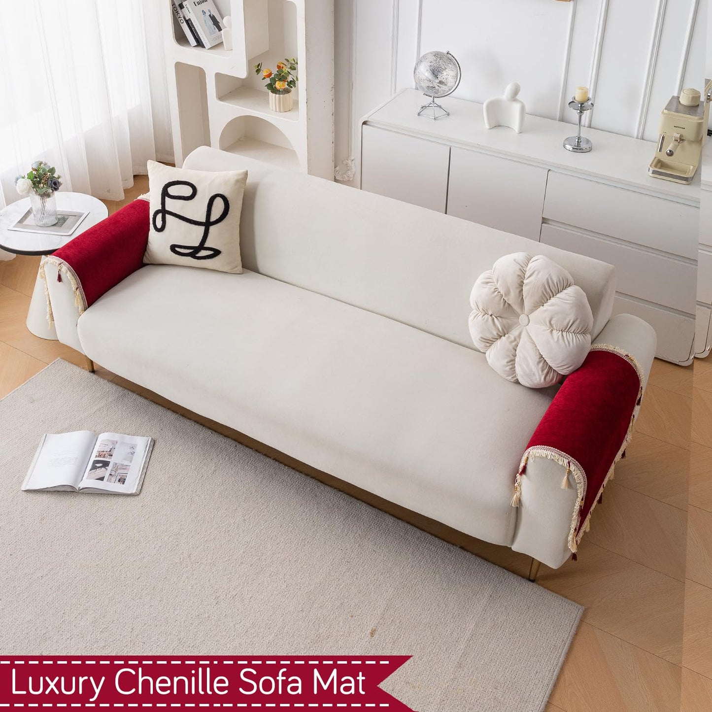 Serenity Tassel Chenille Sofa Cover with Tassel – Crimson Ruby