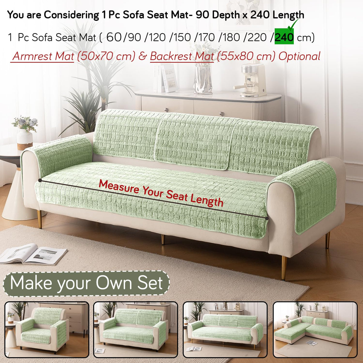 'Plush Haven' Premium Anti Slip Sofa Cover Mat, Pastel Green