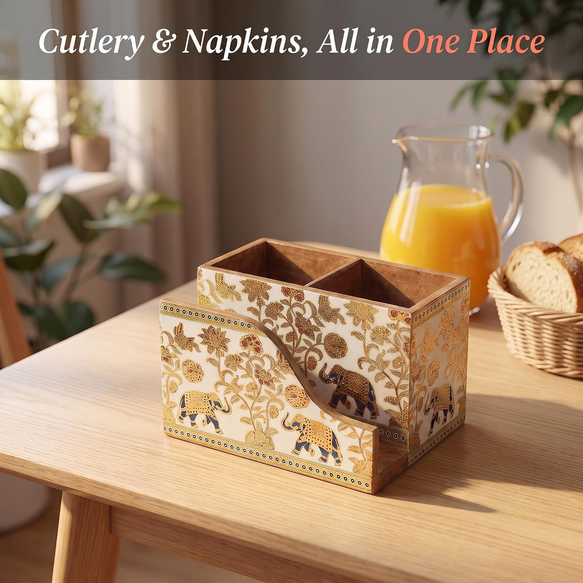 HOKIPO Cutlery Holder with Napkin Stand, Engineered Wood, Royal Gulistaan - image 7