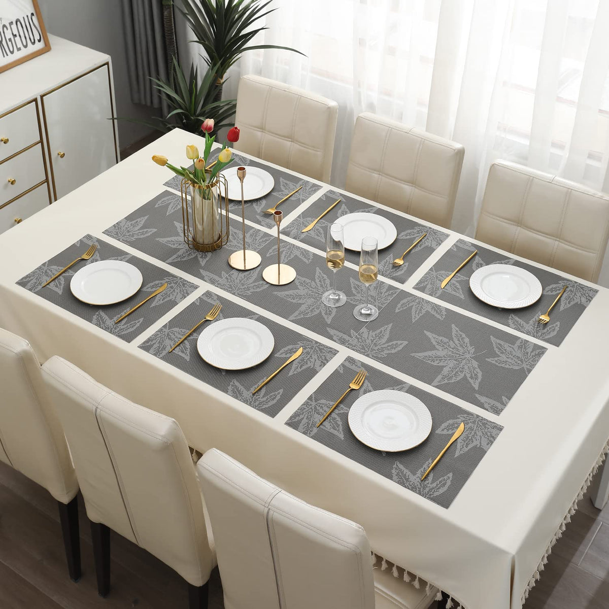PVC Dining Table Mats, Grey Maple Leaf