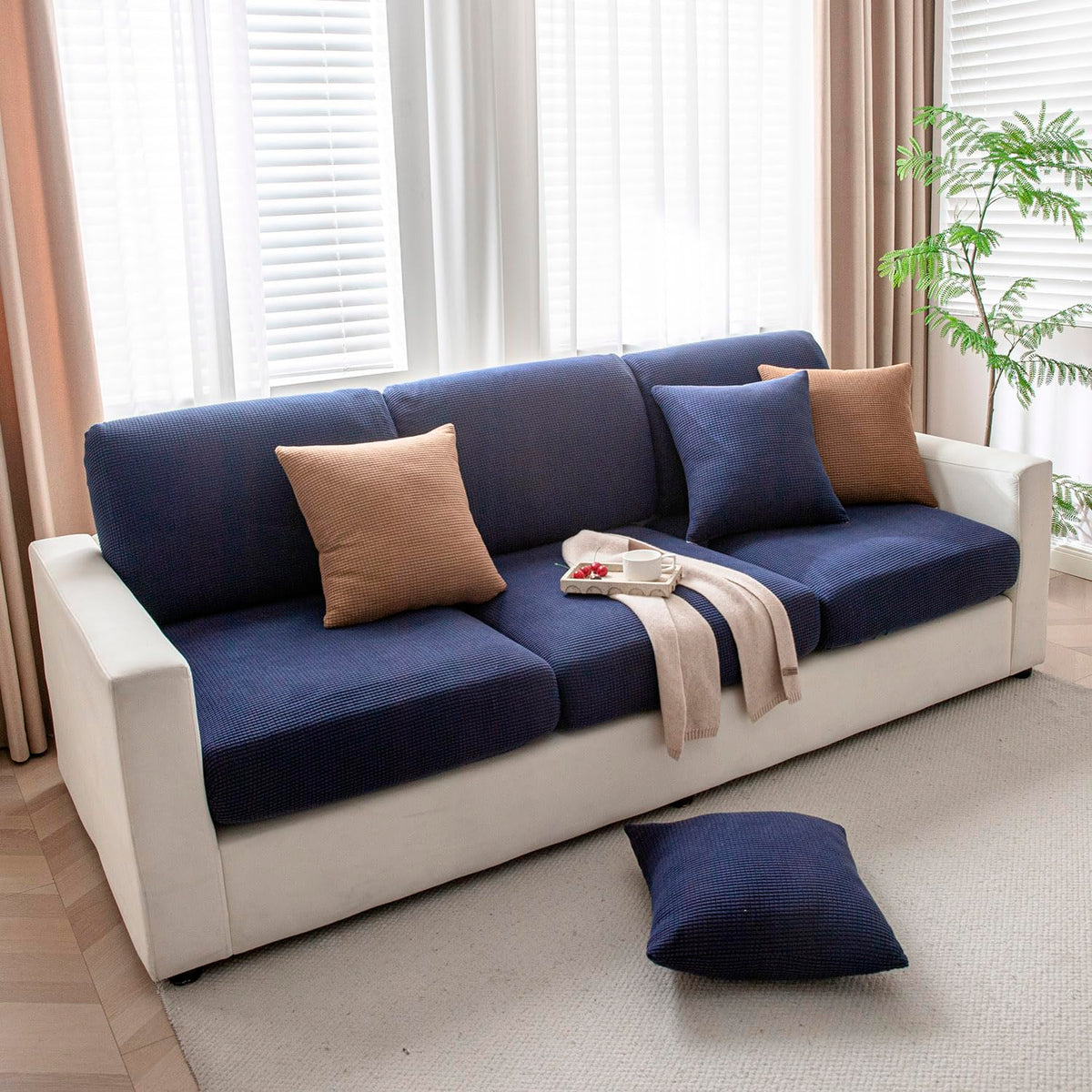 Luxurious Navy Blue Colour Grid Jacquard Sofa Pillow Cover