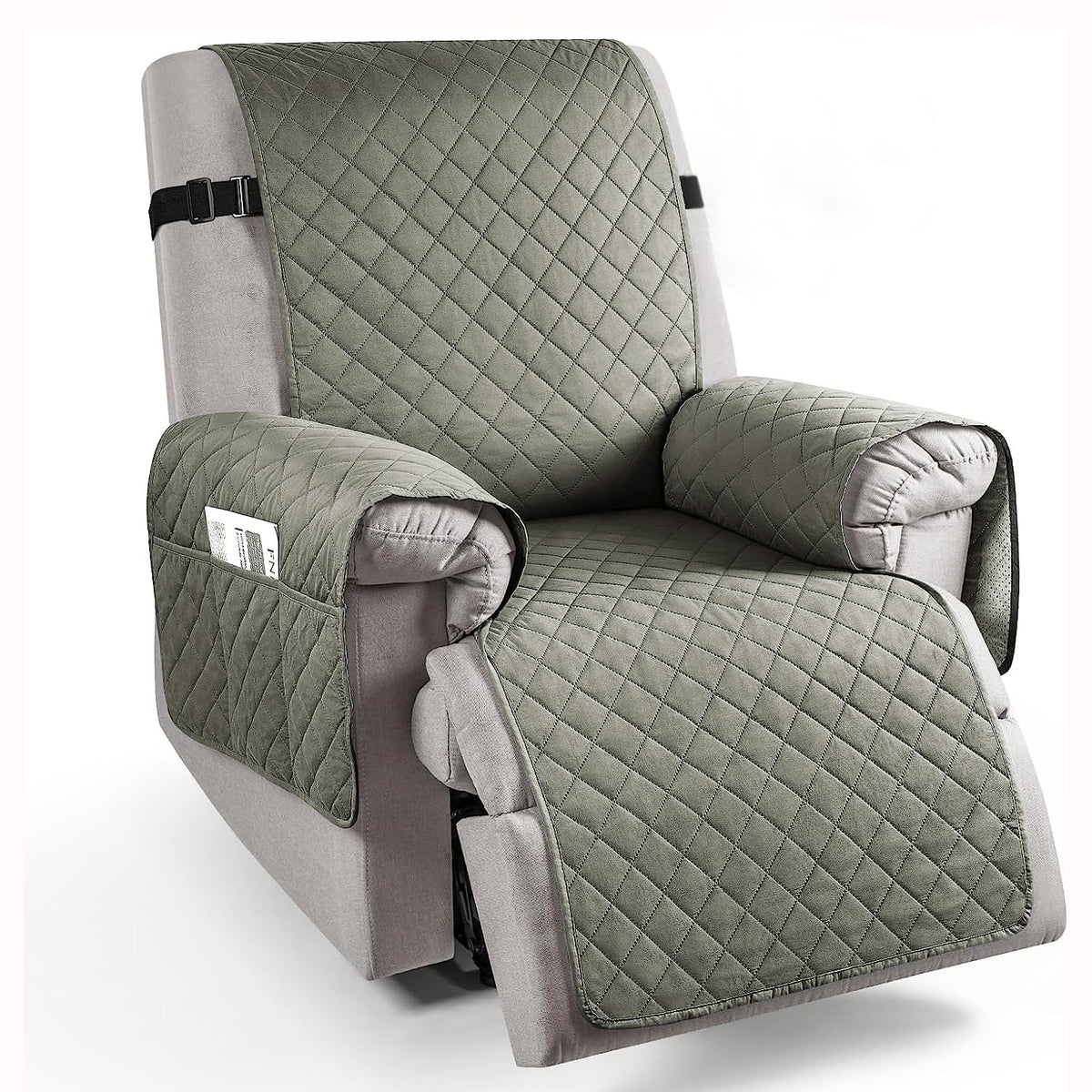 Quilted Recliner Chair Cover With Side Pockets for 1 Seater Sofa, Light Grey