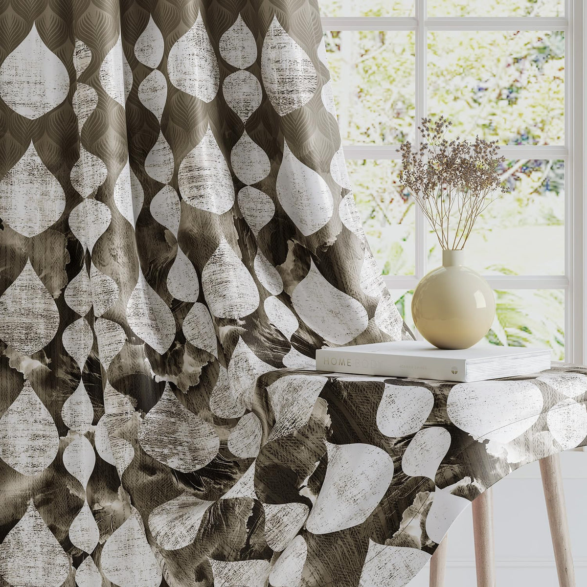 HOKIPO Twilight Curtains, 7 Feet Long - Raindrop Mosaic Beige