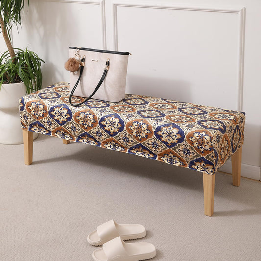 Premium Printed Velvet Dining Bench Cover, Indigo Moroccan Charm