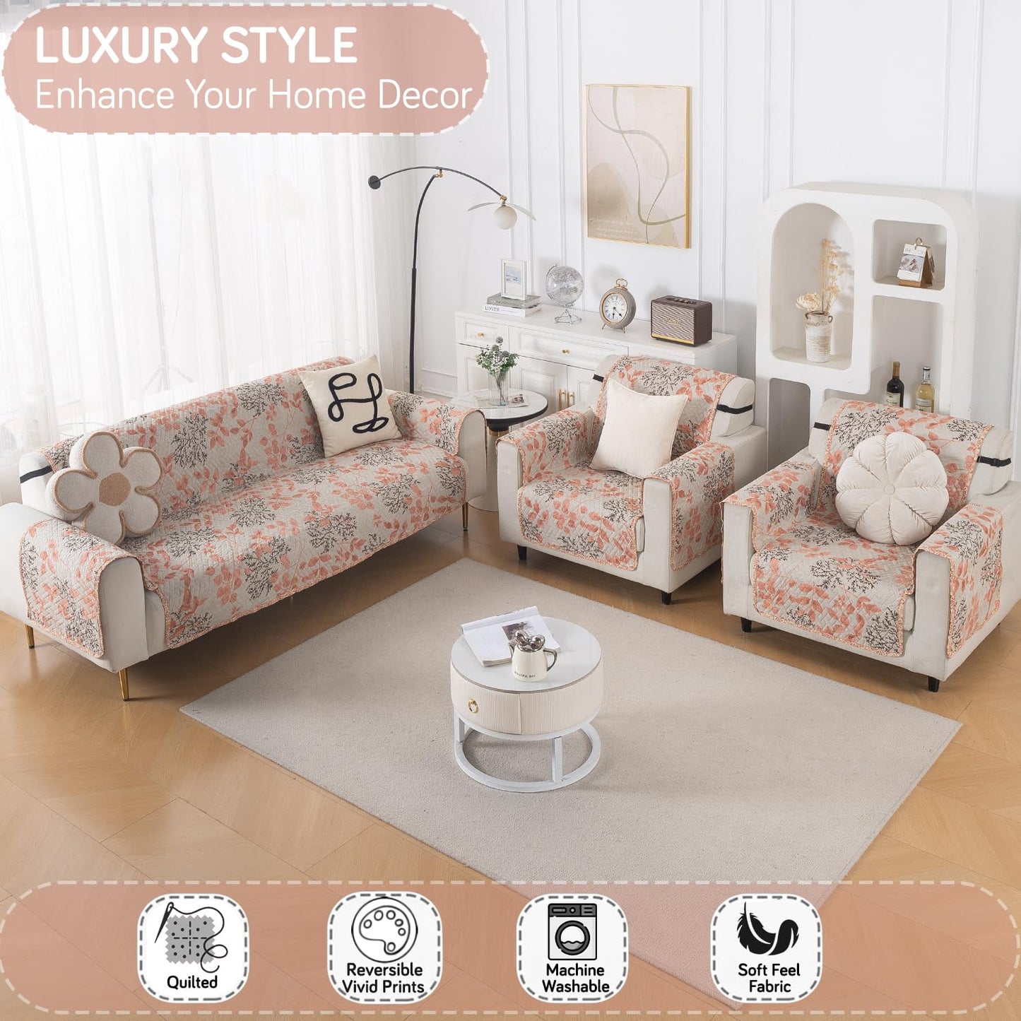 Easy Drape Reversible Quilted 5-Seater Sofa Cover (3+1+1), Peach Leaves