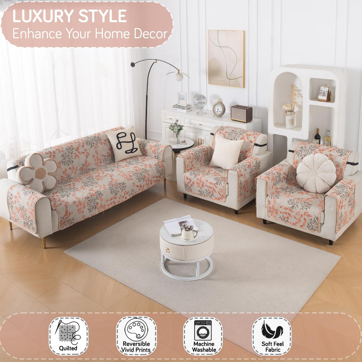 Easy Drape Reversible Quilted 5-Seater Sofa Cover (3+1+1), Peach Leaves
