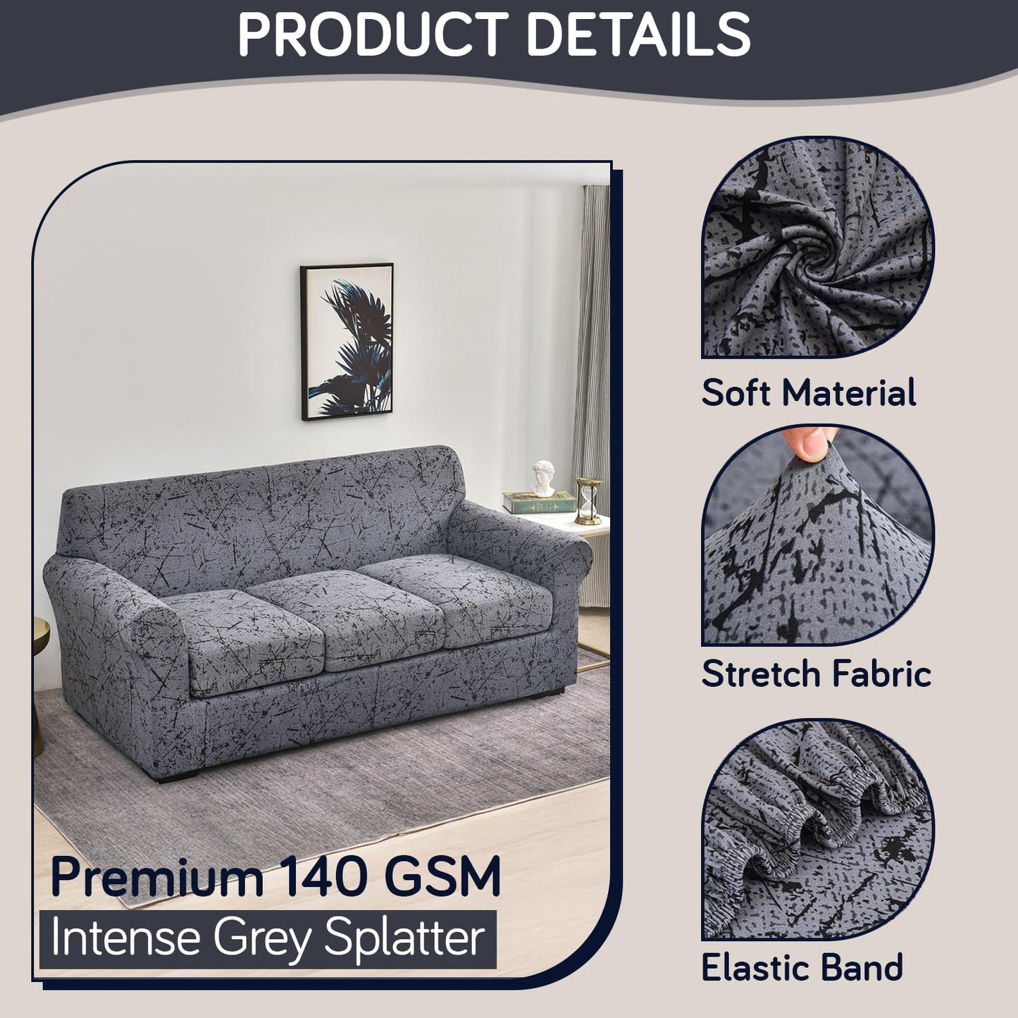 Printed Stretchable Sofa Slipcover with 1/2/3 Pc Separate Seat Cushion Cover for each 1/2/3 Seater, Intense Grey Splatter