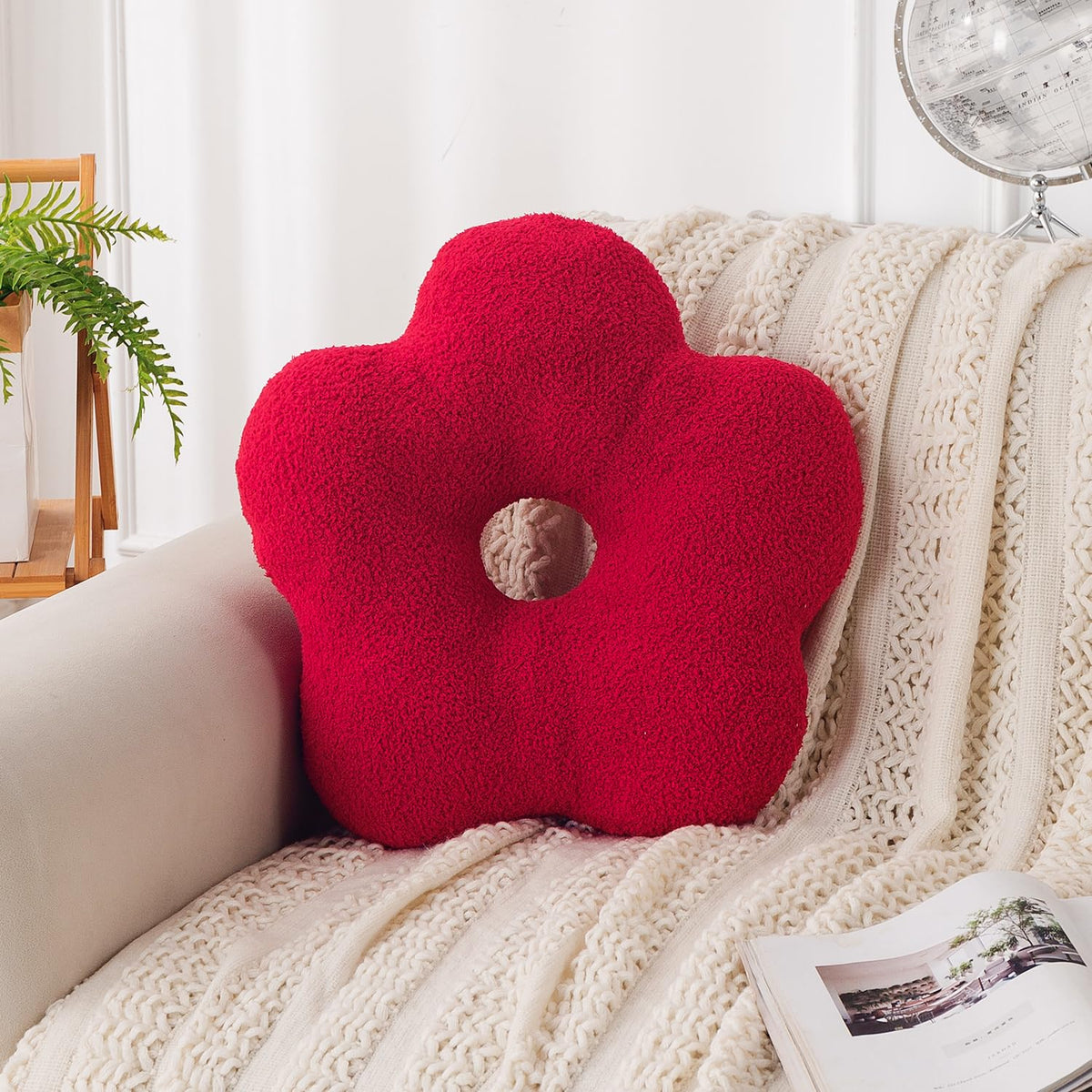 HOKIPO Flower Shaped Cushion for Sofa & Bed, 49 cm, Red