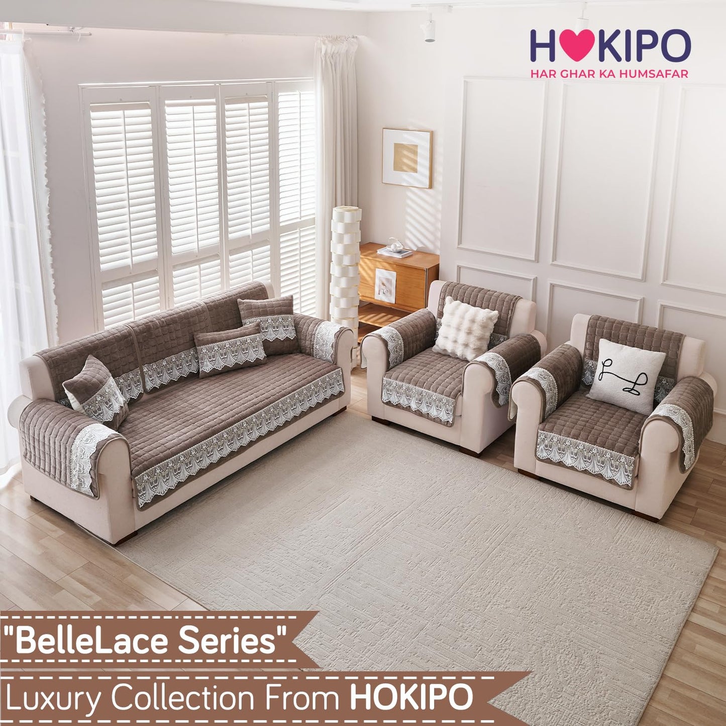 BelleLace Series Imperial Milk Velvet Sofa Cover Mat with Lace Design - Mocha Brown