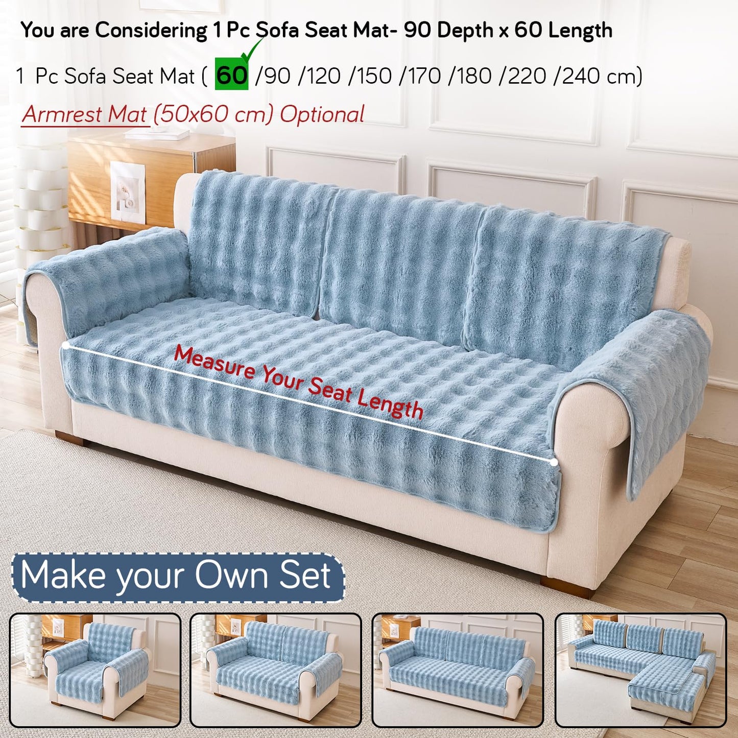 'FurHug' Premium Faux Rabbit Fur Sofa Seat Mats, Charm Blue