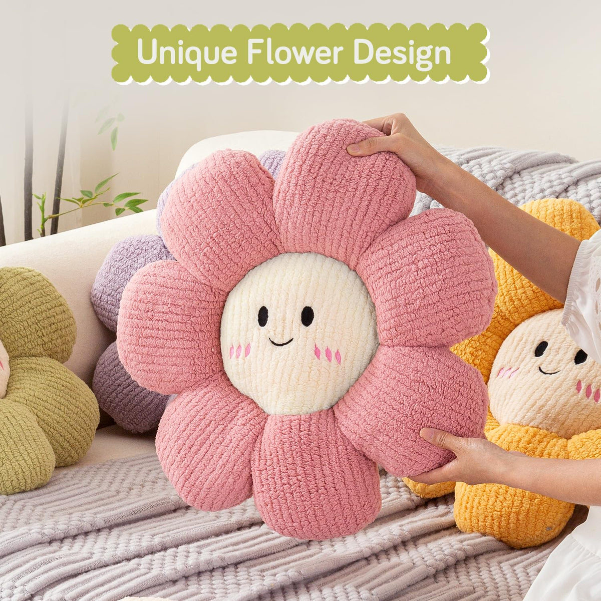 HOKIPO Smiley Flower Plush Throw Pillow for Sofa Couch Bed | Soft Decorative Floral Cushion with Cute Face for Kids Room, Bedroom & Living Room - 46 cm, Pistachio Green (AR-6729-LGRN)