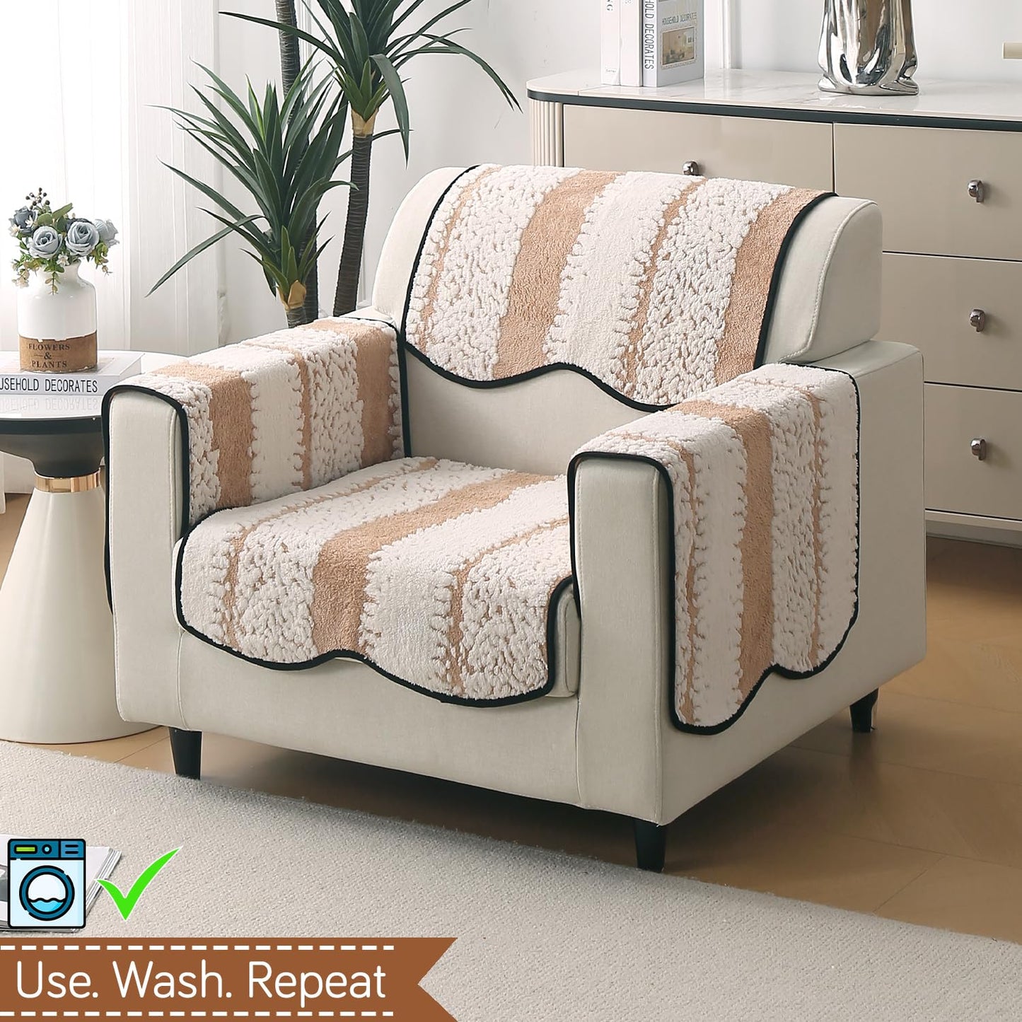 Luxury Sofa Cover Set | Seat, Back & Arm Covers | Anti-Slip Wavy Mat – Desert Brown