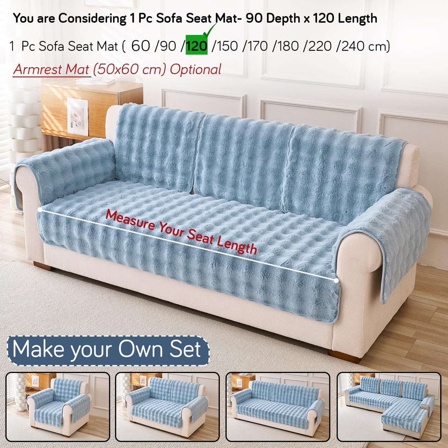 'FurHug' Premium Faux Rabbit Fur Sofa Seat Mats, Charm Blue