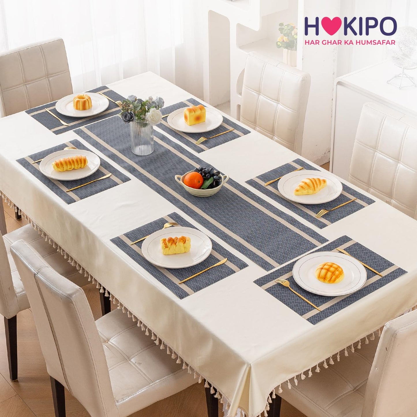 Chevron Stripes PVC Mats for Dining Table - Charcoal Blue