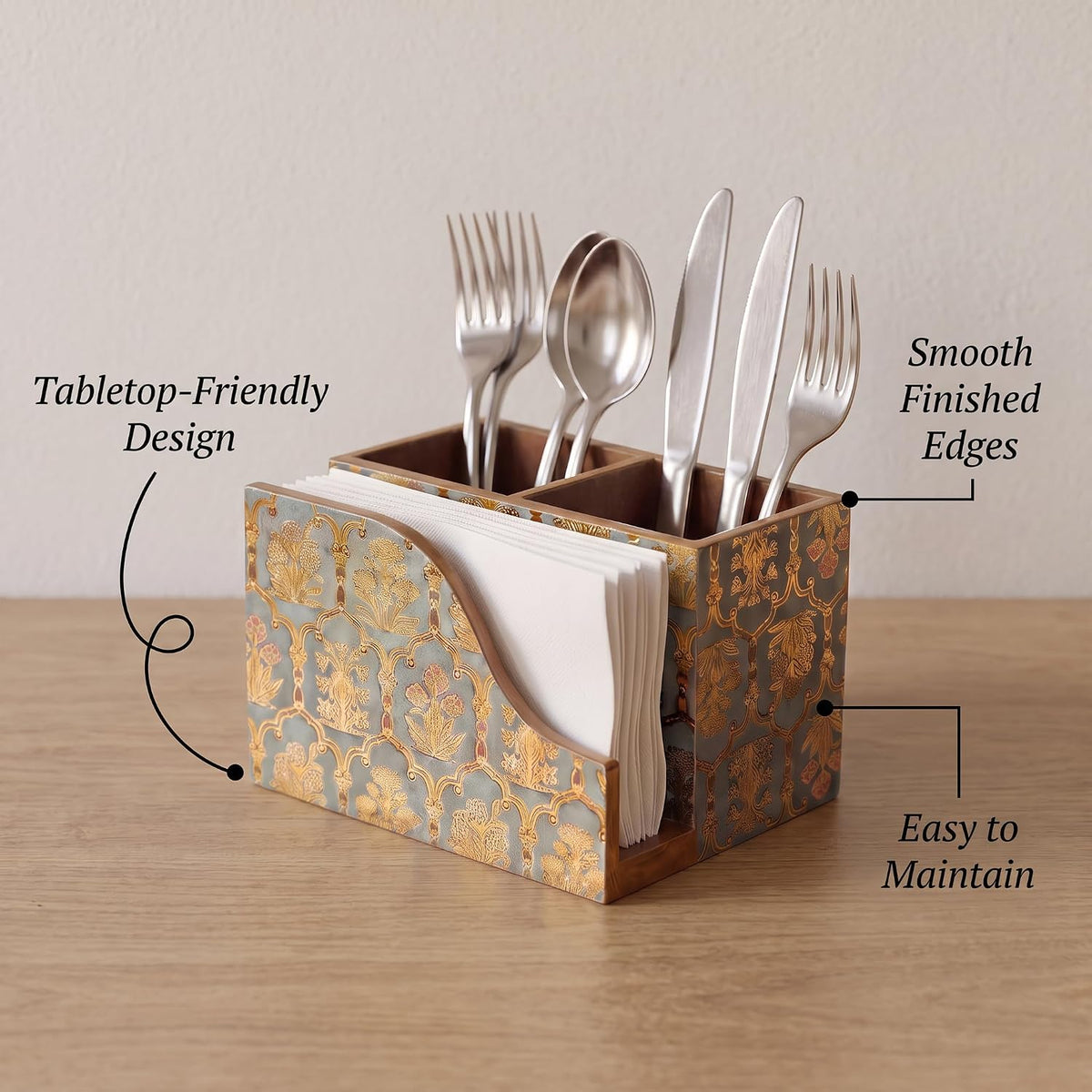 HOKIPO Cutlery Holder with Napkin Stand, Engineered Wood, Shahi Gulnaar - image 3