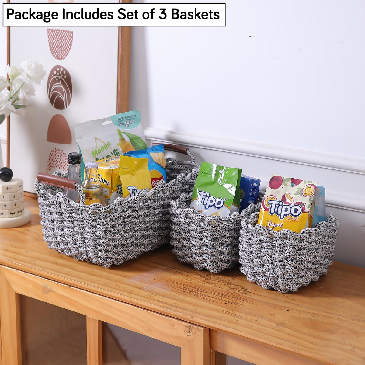 Eco-Friendly Thick Cotton Rope Storage Baskets Set of 3, Grey