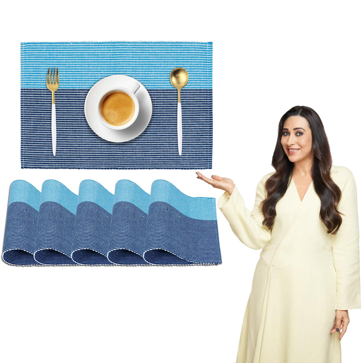 Ribbed Cotton Heat Resistant Dining Table Mat, Sky Blue