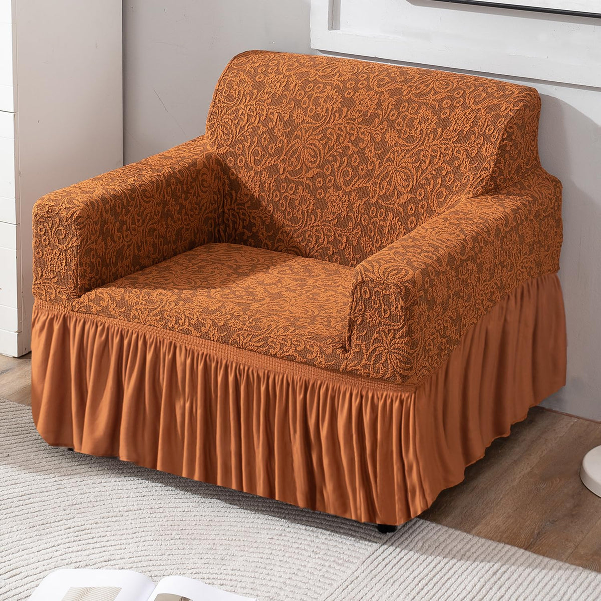 Elastic Stretchable Designer Woven Jacquard Sofa Cover with Frill, Caramel Brown