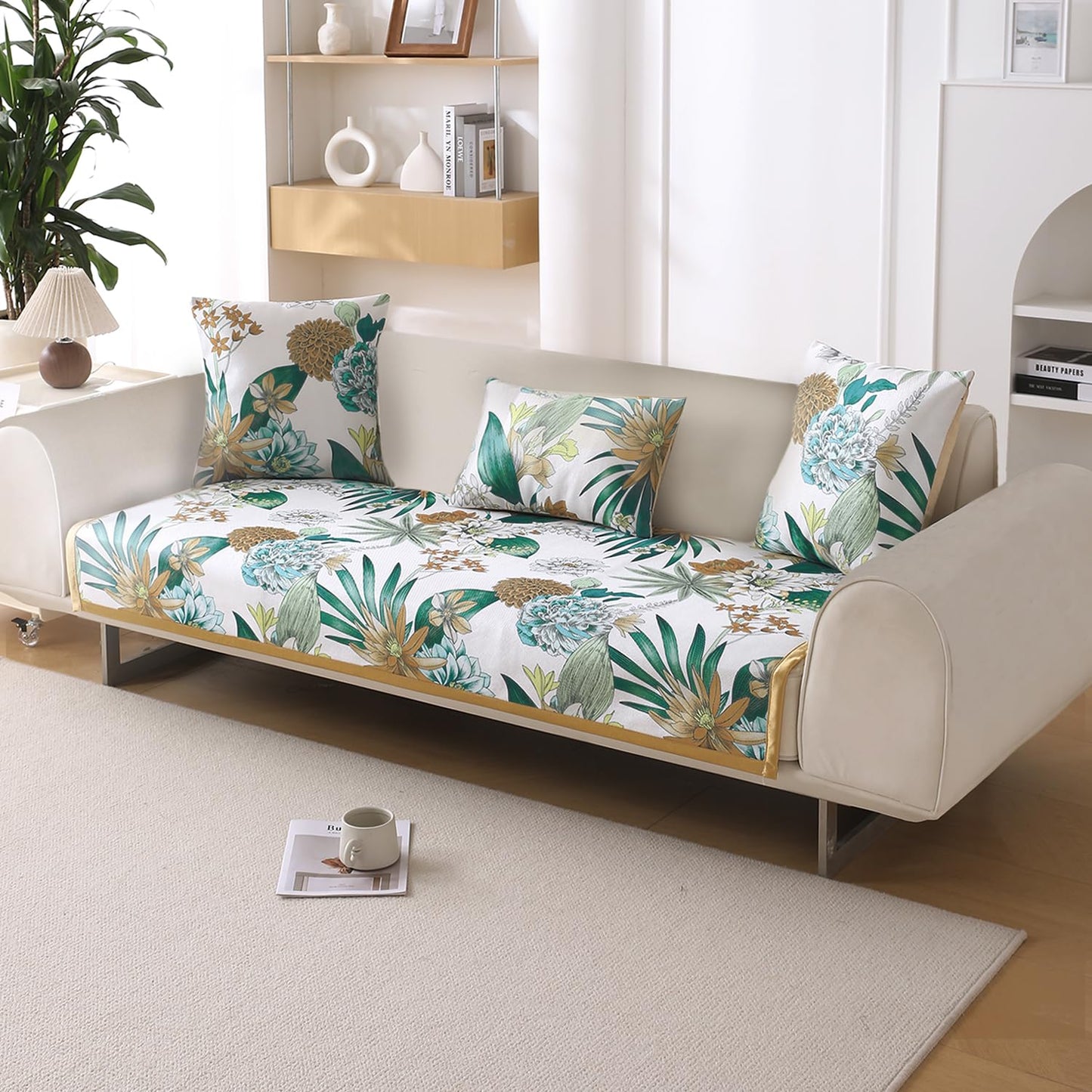 Premium Anti Slip Ice Silk Sofa Seat Mat for 1/2/3 Seater, Pine Green Floral