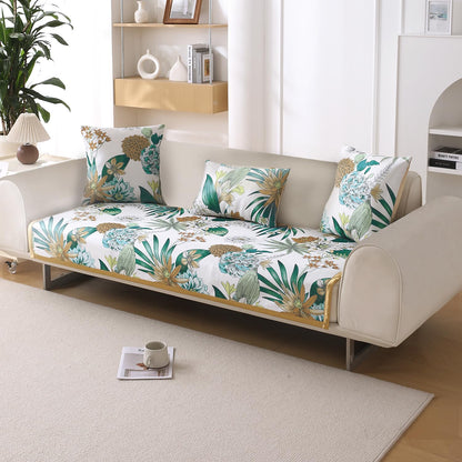 Premium Anti Slip Ice Silk Sofa Seat Mat for 1/2/3 Seater, Pine Green Floral