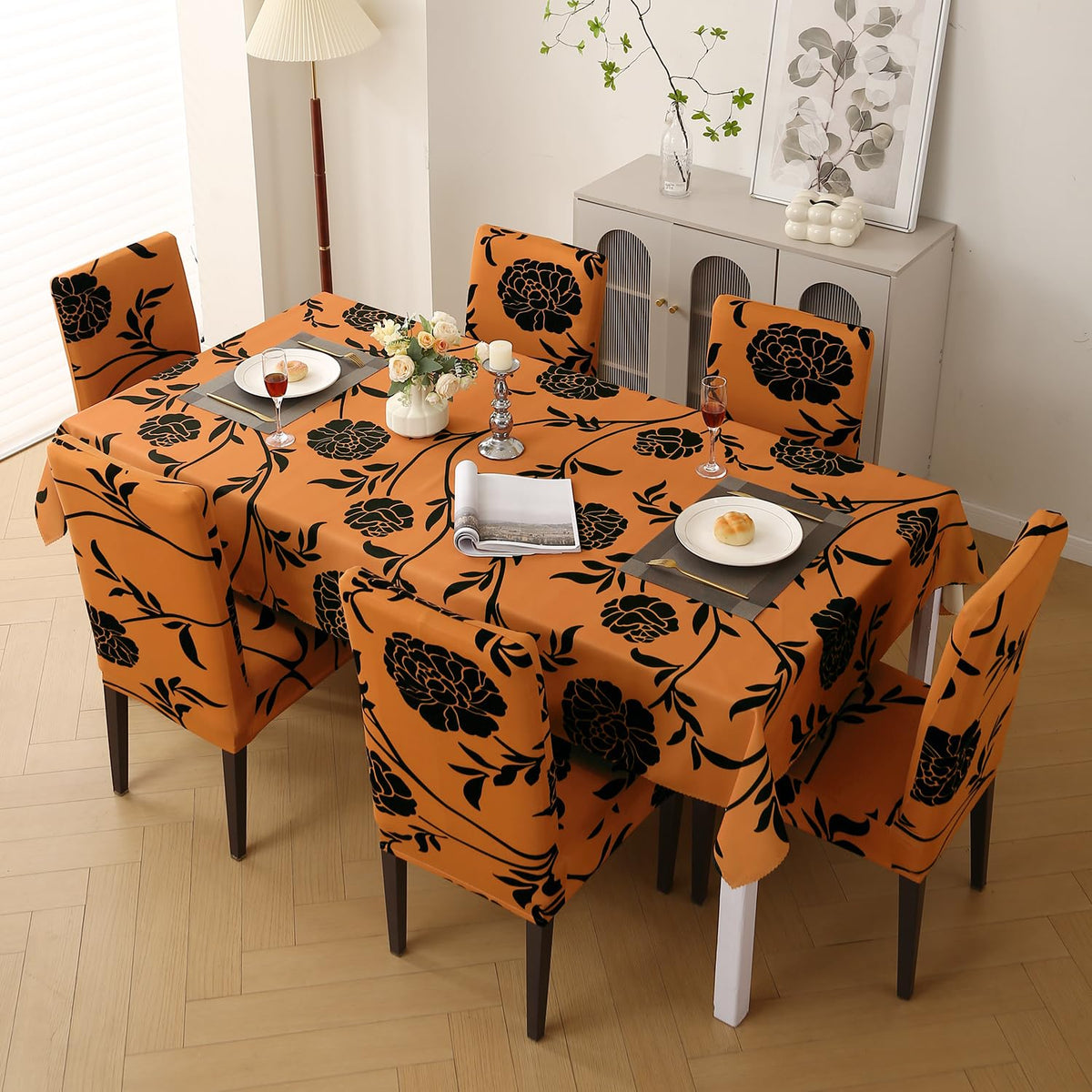 Elastic Dining Chair Covers with Matching Tablecloth, Copper Brown Floral