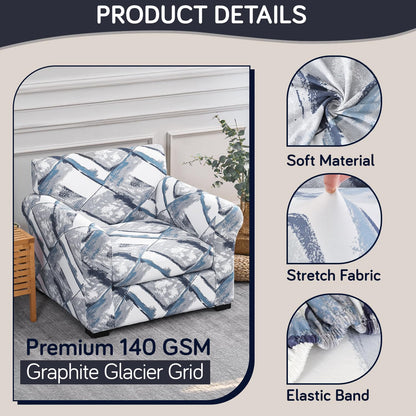 Printed Stretchable Sofa Slipcover with 1/2/3 Pc Separate Seat Cushion Cover for each 1/2/3 Seater, Graphite Glacier Grid