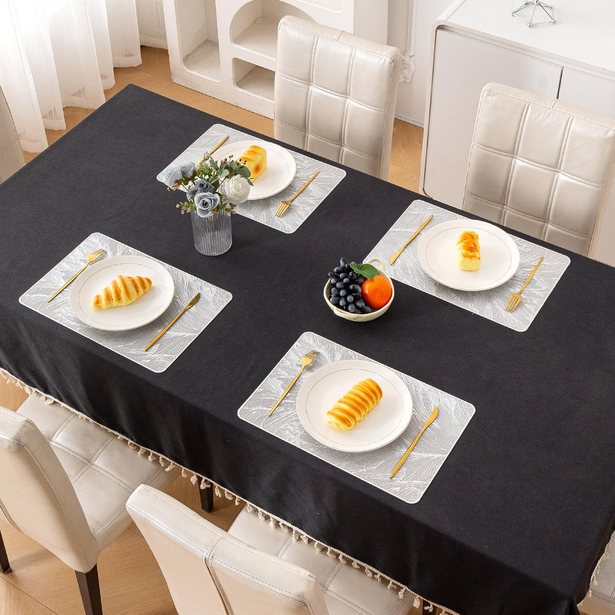 Metallic Glow Shining Mats for Dining Table, Cyad Leaves - Cool Silver